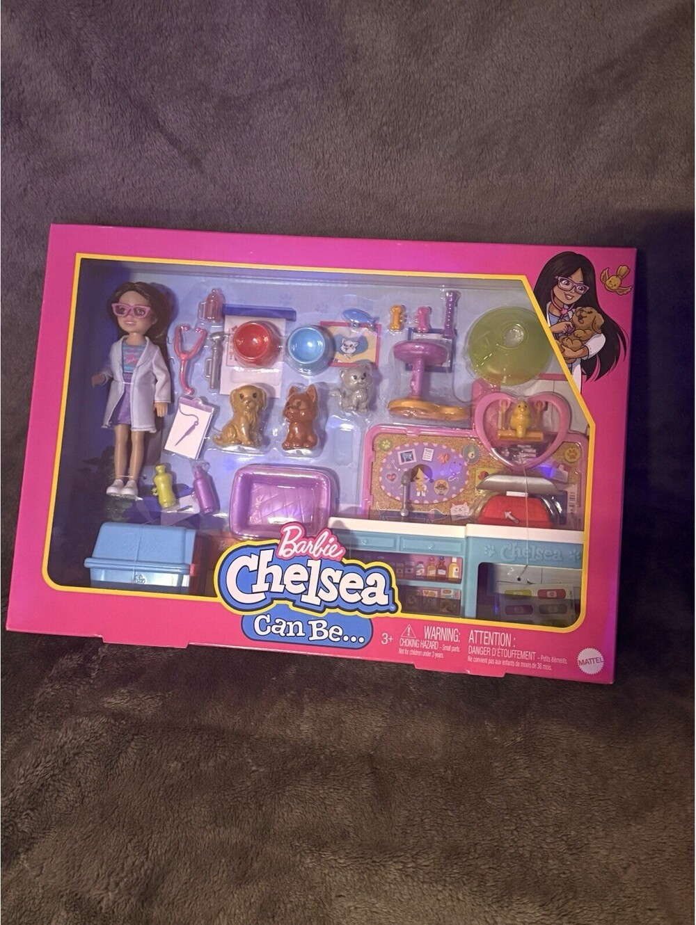 Barbie Chelsea Doll Pet Vet Playset with Doll 4 Animals and 18 Pieces New Mattel